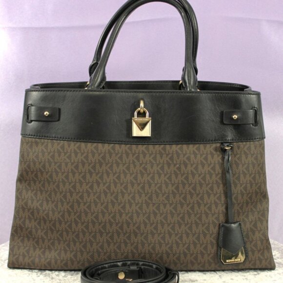 Michael Kors Brown MK Signature Satchel Tote w/ Black Leather Trim - Picture 3 of 15